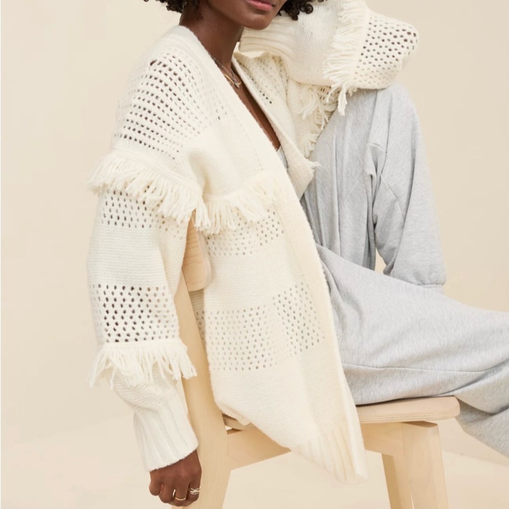Aerie Cream Cardigan with Fringe Details M